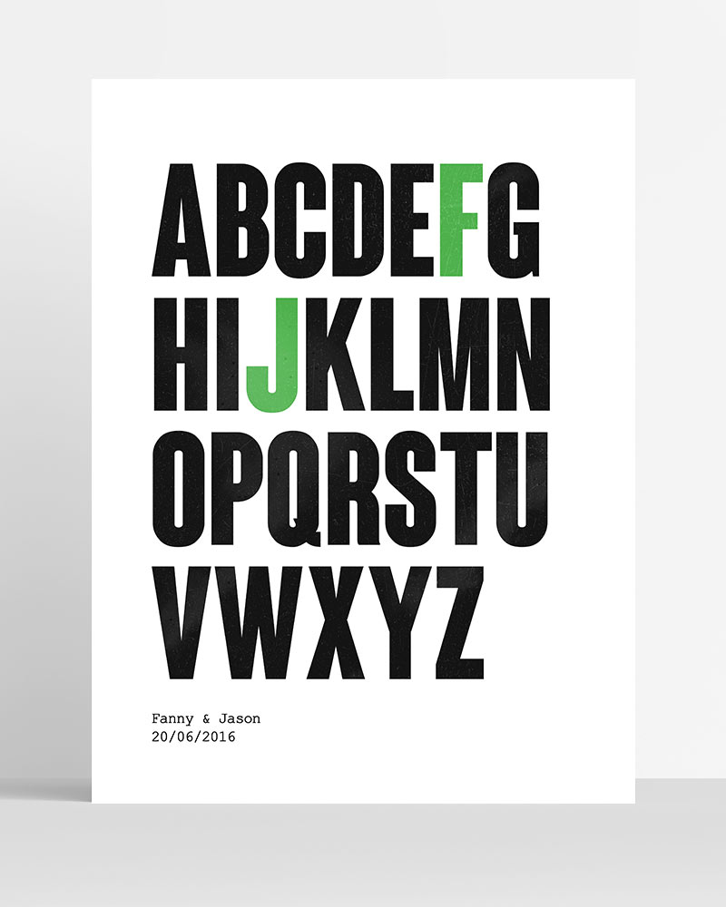 Affiche couple initiales abécédaire vert